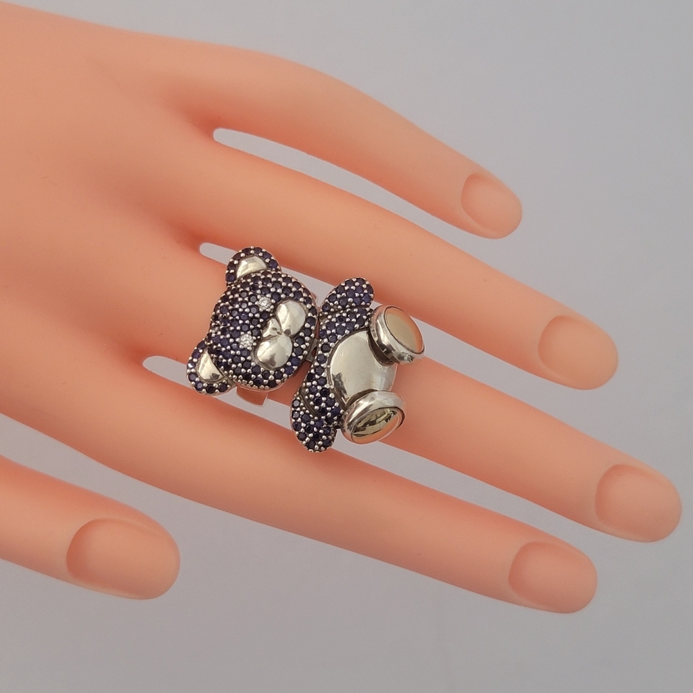 Silver 925 Teddy Bear With Blue Rhinestones Ring. Size 7